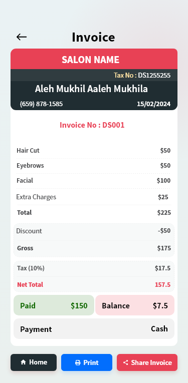 SalonSteps invoice screen with itemised services and tax breakdown