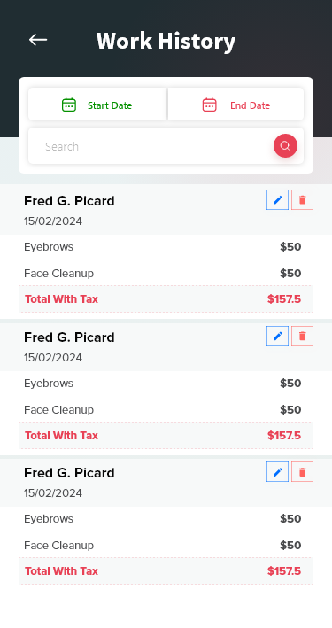 SalonSteps work history screen with searchable, dated service records